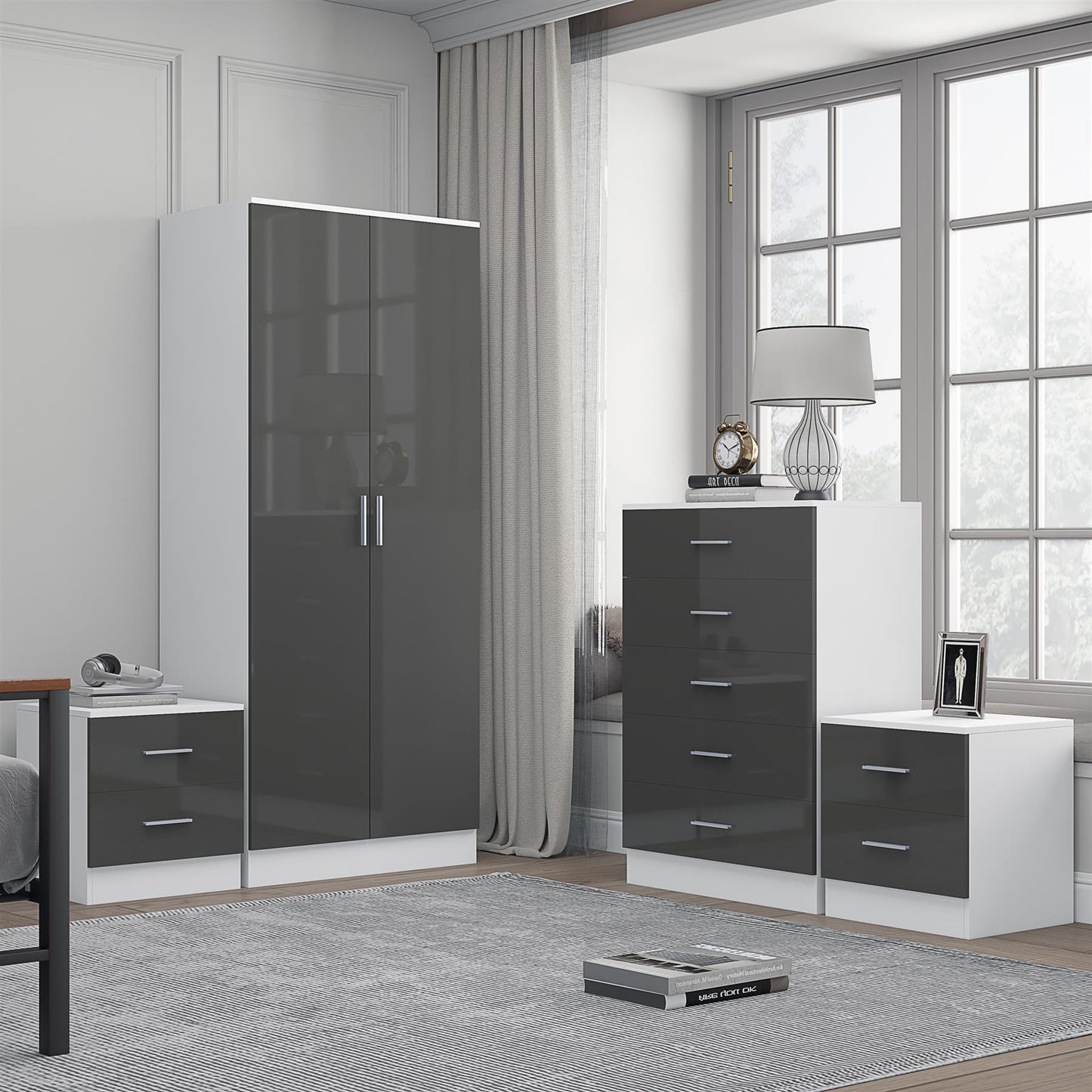 REFLECT Gloss 4pc Bedroom Set - 2 Door Wardrobe + 5 Draw Chest + 2 Bedsides