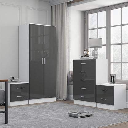 REFLECT Gloss 4pc Bedroom Set - 2 Door Wardrobe + 5 Draw Chest + 2 Bedsides