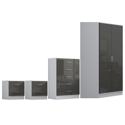 REFLECT Gloss 4pc Set - 2 Door Corner Wardrobe + 5 Draw Chest + 2 Bedsides