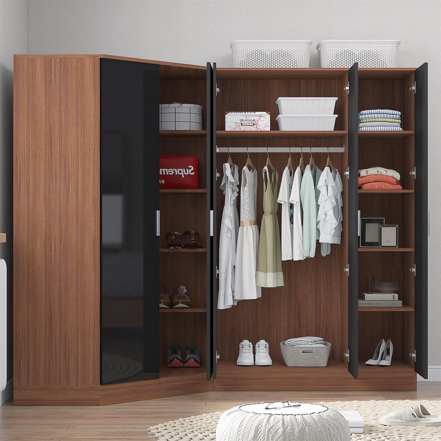Reflect 2pc Wardrobe Bundle - 2 Door Corner + 3 Door Mirror - Black Gloss & Walnut