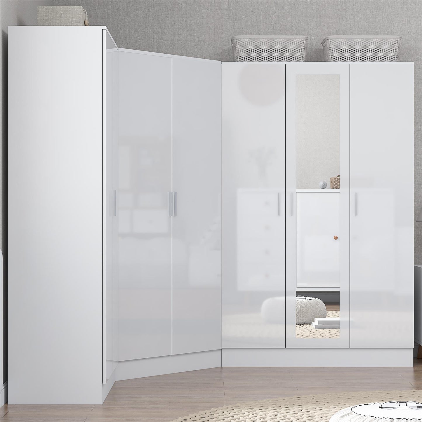 Reflect 3pc Wardrobe Bundle - 2 Door Corner + 3 Door Mirror + 2 Door Plain - White Gloss & Matt White