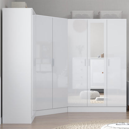 Reflect 3pc Wardrobe Bundle - 2 Door Corner + 3 Door Mirror + 2 Door Plain - White Gloss & Matt White