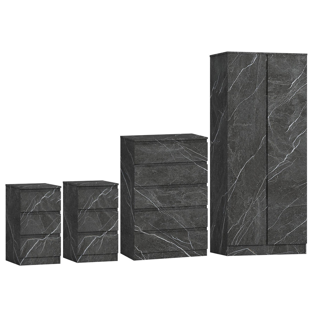 ZITA Grey Marble Effect 4 Piece Bedroom Set - 2 Door Wardrobe, Tall Chest & 2 Bedside Tables, Stylish Storage Solution