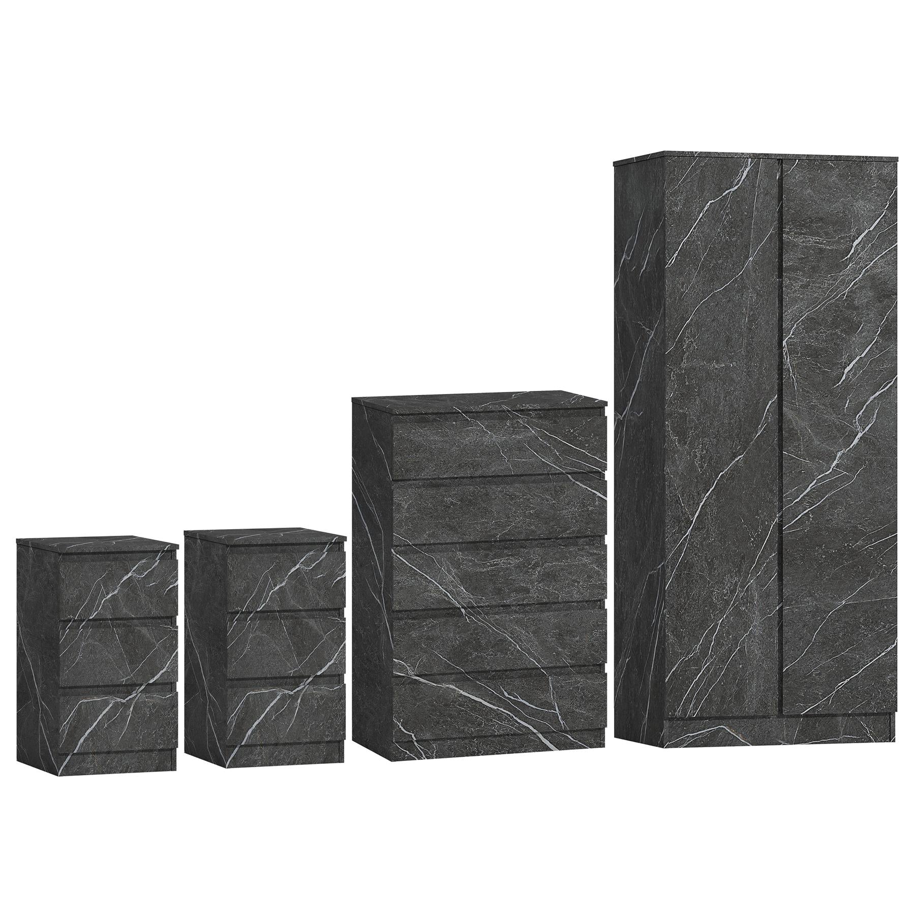 ZITA Grey Marble Effect 4 Piece Bedroom Set - 2 Door Wardrobe, Tall Chest & 2 Bedside Tables, Stylish Storage Solution