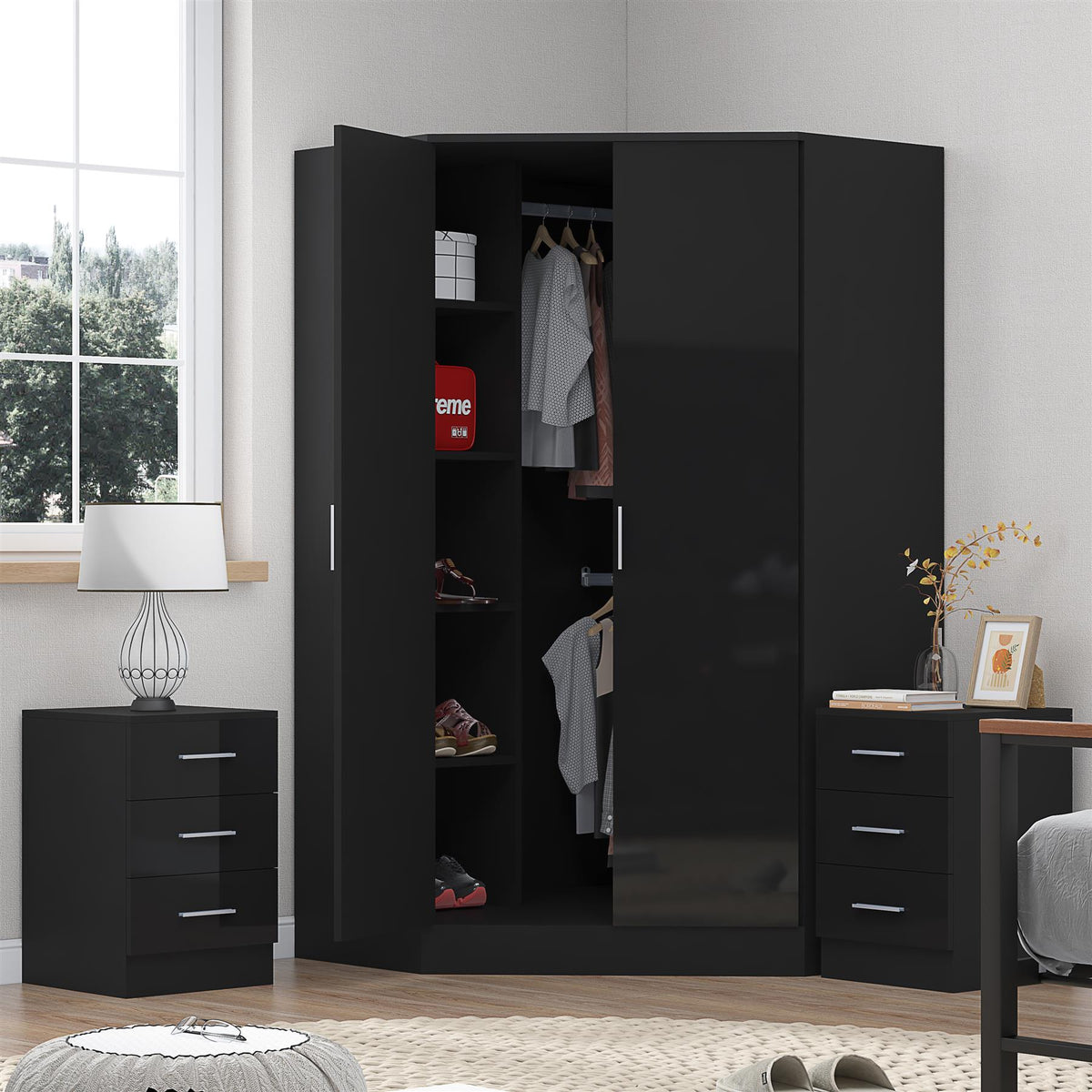 Reflect 3pc Wardrobe Bundle - 2 Door Corner + 2x 3 Drawer Bedsides - Black Gloss & Black Oak