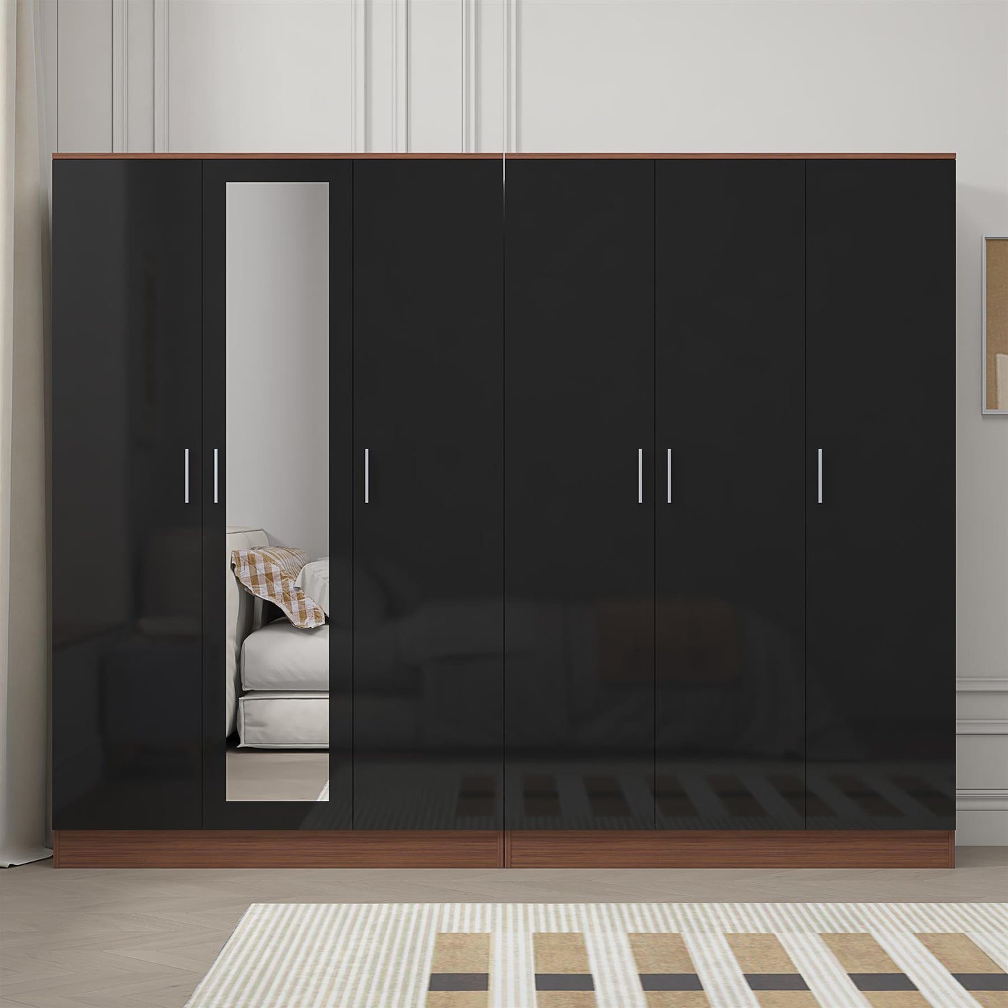 Reflect 2pc Wardrobe Bundle - 3 Door Mirror + 3 Door Plain - Black Gloss & Walnut