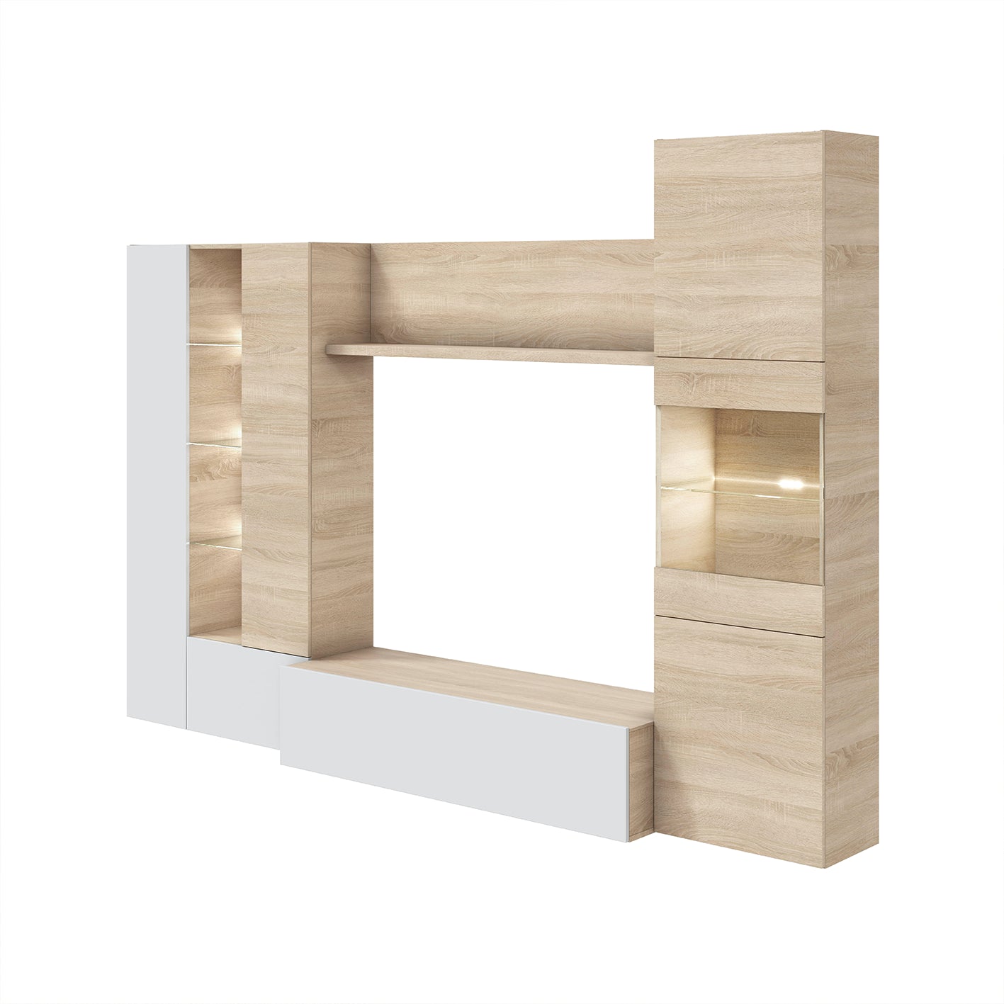 Modern Oak & White TV Unit with Glass Details and LED Lights- Media Storage for Living Rooms