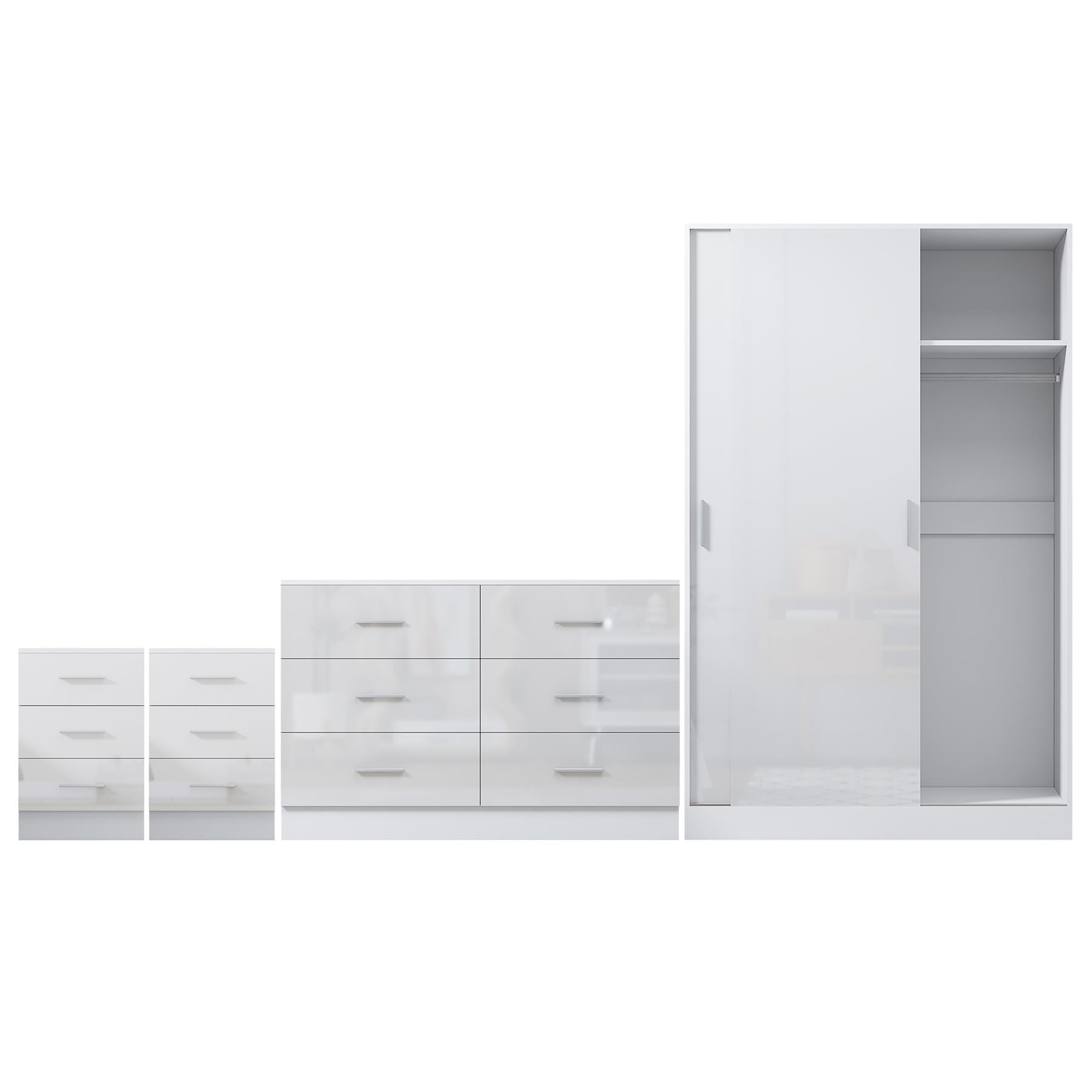 Reflect 2 Door Sliding Wardrobe, 6 Draw Wide Chest, 2x3 Drawer Bedsides - White Gloss & Matt White - Modern Bedroom Furniture Set