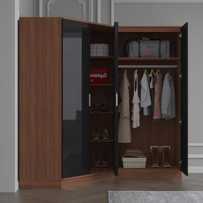 Reflect 2pc Wardrobe Bundle - 2 Door Corner + 2 Door Plain - Black Gloss & Walnut