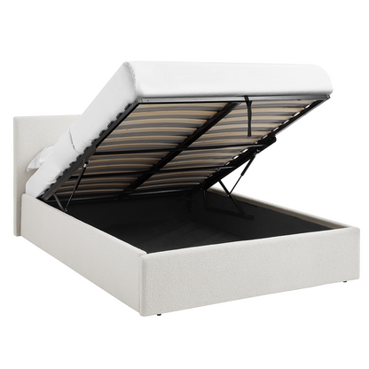 TEDDY BOUCLE 3FT Single White Ottoman Storage Bed Gas Lift Up (3ft) with Memory Foam & Spring Mattress
