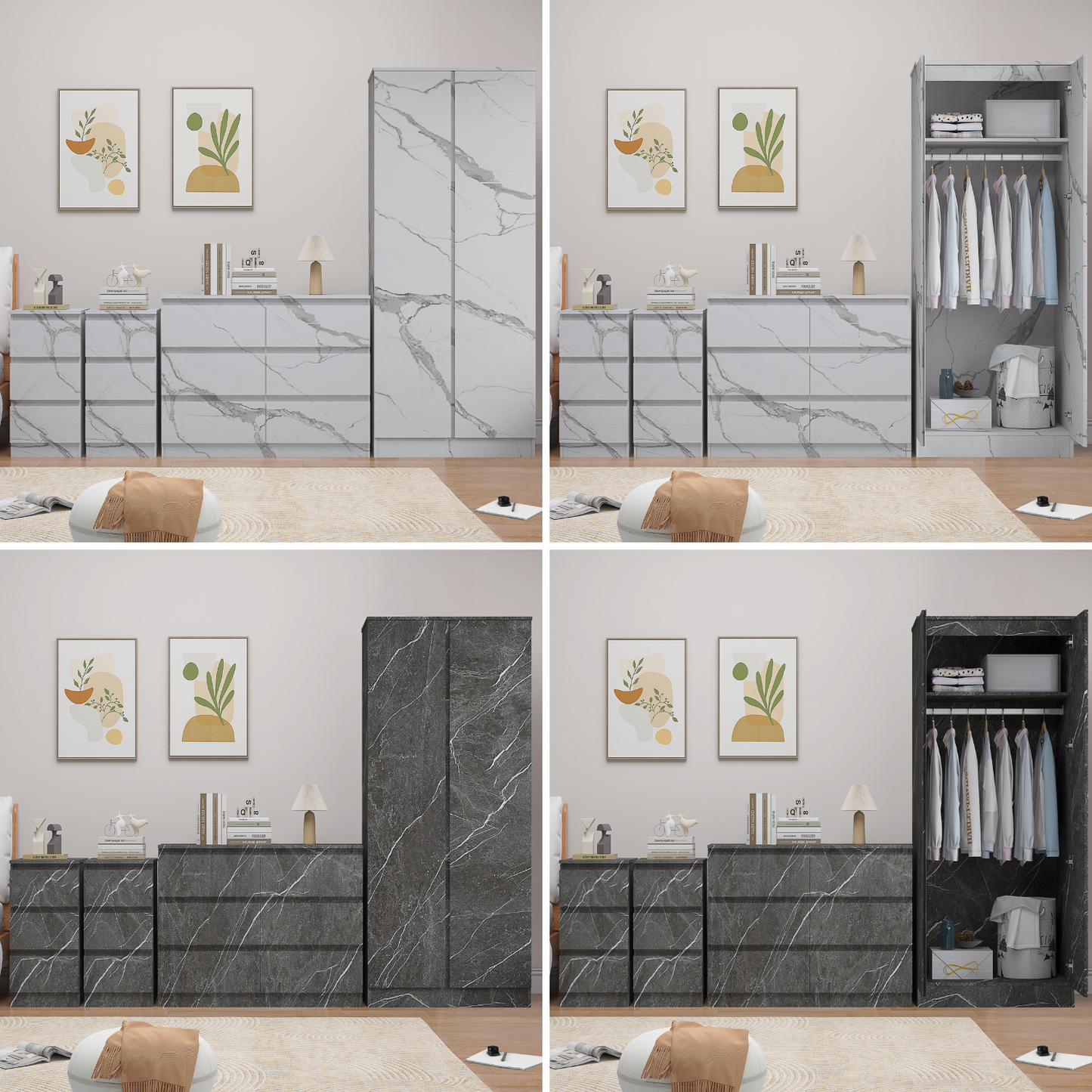 ZITA 4pc Set - 2 Door Wardrobe + Wide Chest + 2 Bedsides in White OR Grey Marble