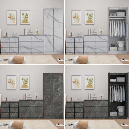 ZITA 4pc Set - 2 Door Wardrobe + Wide Chest + 2 Bedsides in White OR Grey Marble