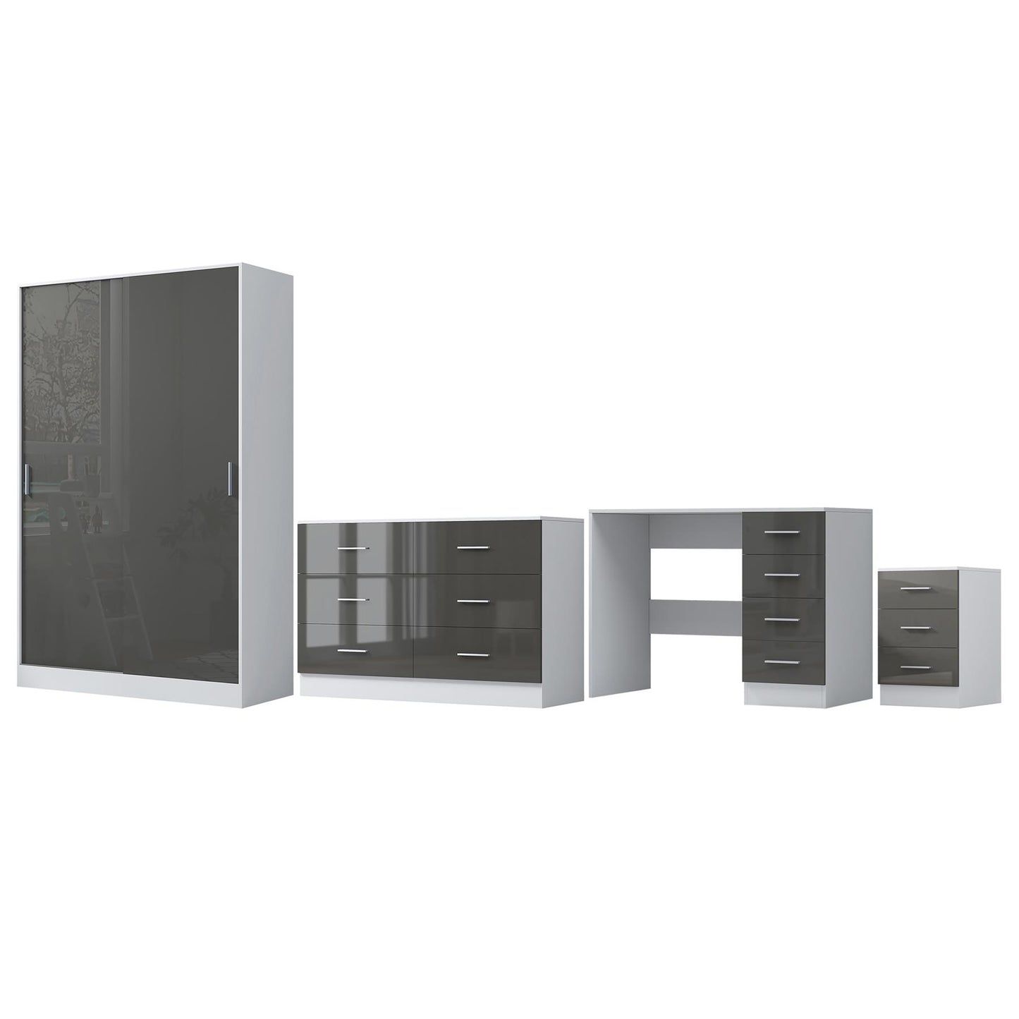 Reflect 2 Door Sliding Wardrobe, 6 Drawer Wide Chest, 3 Drawer Bedside, 4 Drawer Desk - Grey Gloss & Matt White - Modern Bedroom Furniture Set