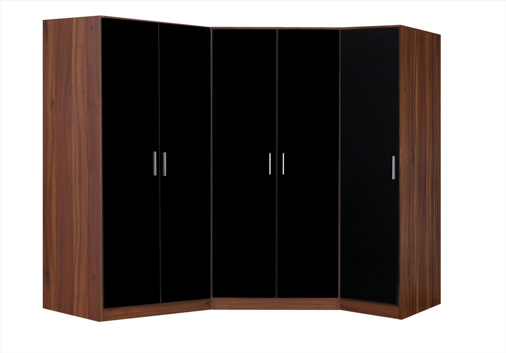 Reflect 3pc Wardrobe Bundle - 2 Door Corner + 2 Door Plain + 1 Door Plain - Black Gloss & Walnut - H: 180cm x W: 179cm