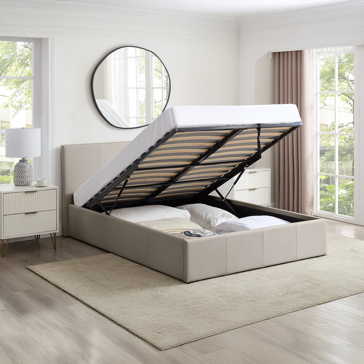 LUNA 3FT Single Cream Beige Ottoman Storage Bed with Gas Lift & 20cm Thick Memory Foam Mattress - L: 203cm x W: 108cm x H: 88.5cm