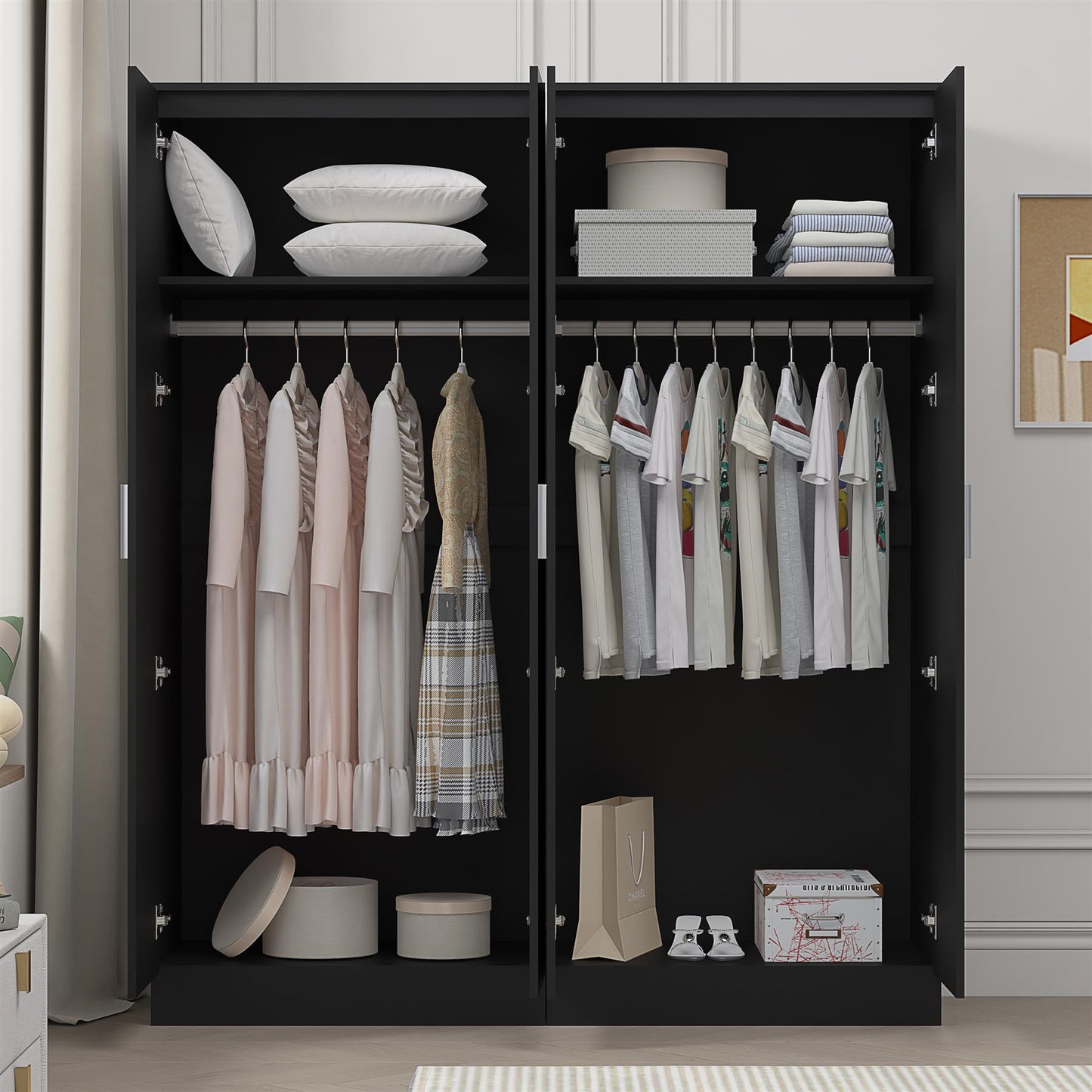 Reflect 2x 2 Door Plain Wardrobe Bundle - Black Gloss & Black Oak - Hanging Rails & Shelves - Modern Sleek Design