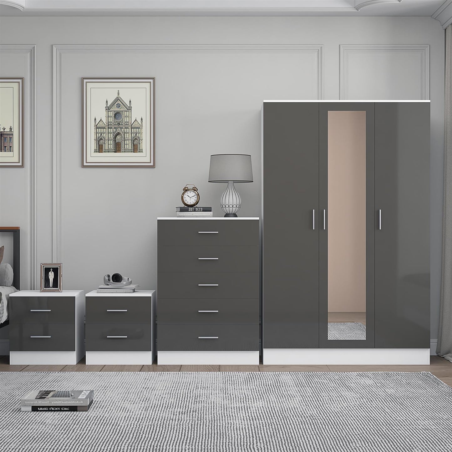 Reflect 3 Door Mirror Wardrobe, 5 Drawer Chest, 2x 2 Drawer Bedsides - Grey Gloss & Matt White - Modern Bedroom Furniture Set