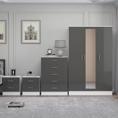 Reflect 3 Door Mirror Wardrobe, 5 Drawer Chest, 2x 2 Drawer Bedsides - Grey Gloss & Matt White - Modern Bedroom Furniture Set
