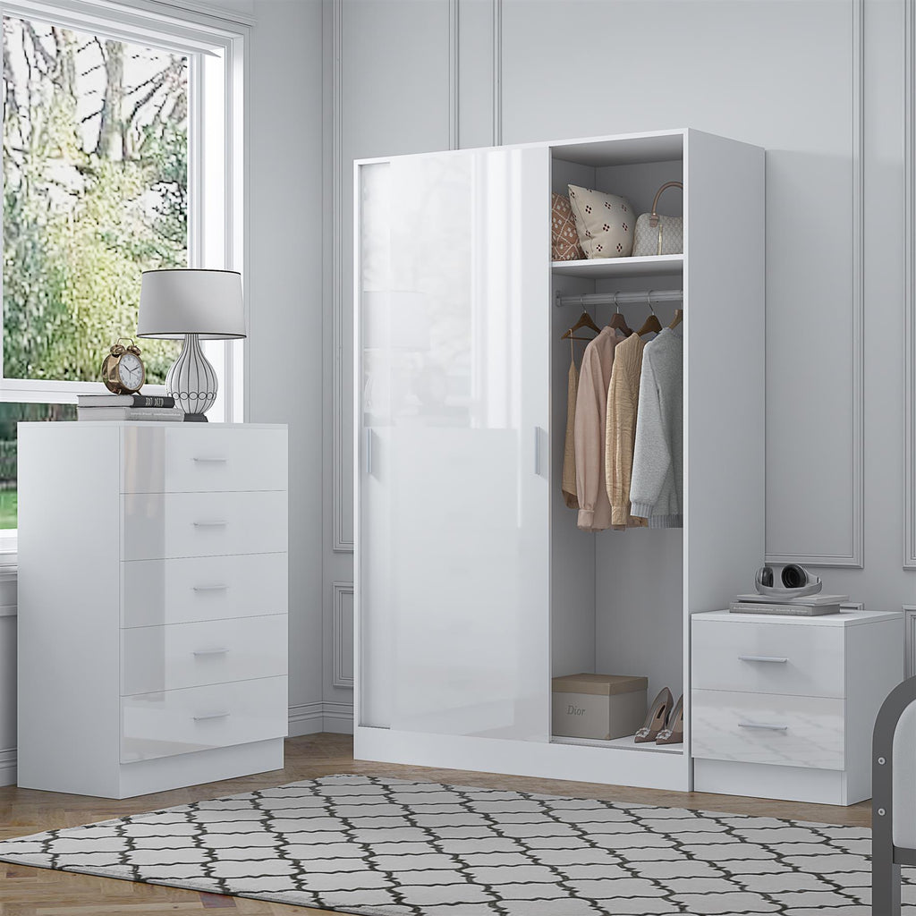 Reflect 2 Door Sliding Wardrobe, 5 Drawer Chest, 2 Drawer Bedside - White Gloss & Matt White - Modern Bedroom Furniture Set