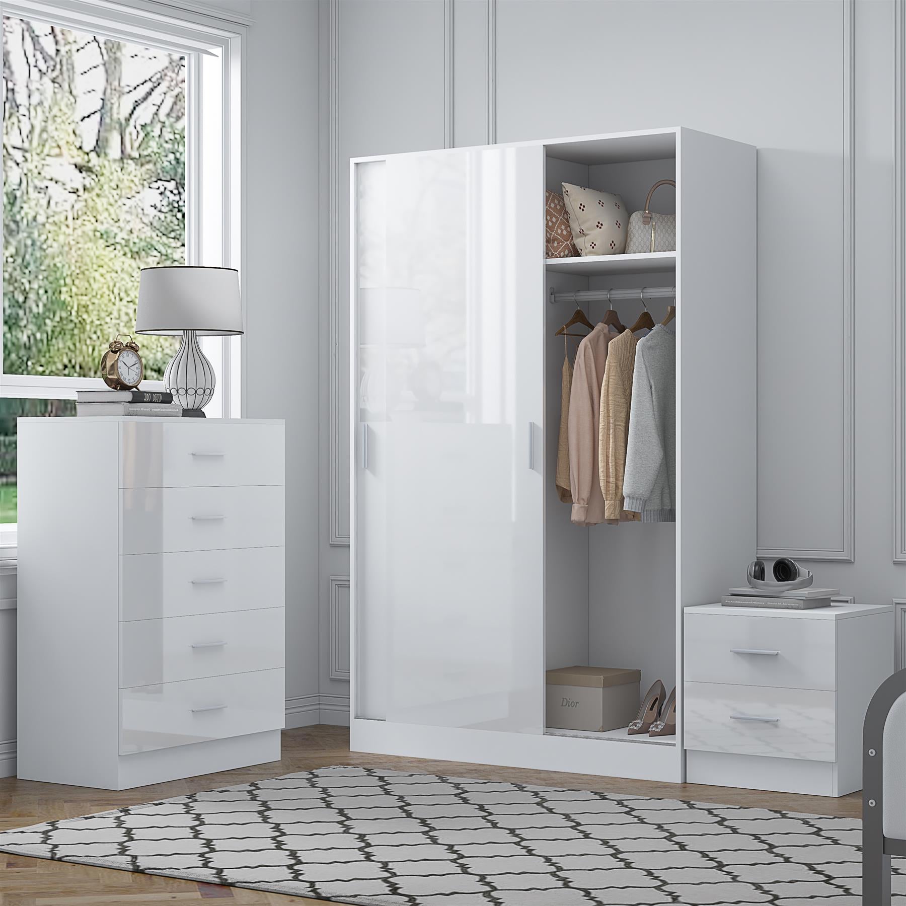 Reflect 2 Door Sliding Wardrobe, 5 Drawer Chest, 2 Drawer Bedside - White Gloss & Matt White - Modern Bedroom Furniture Set