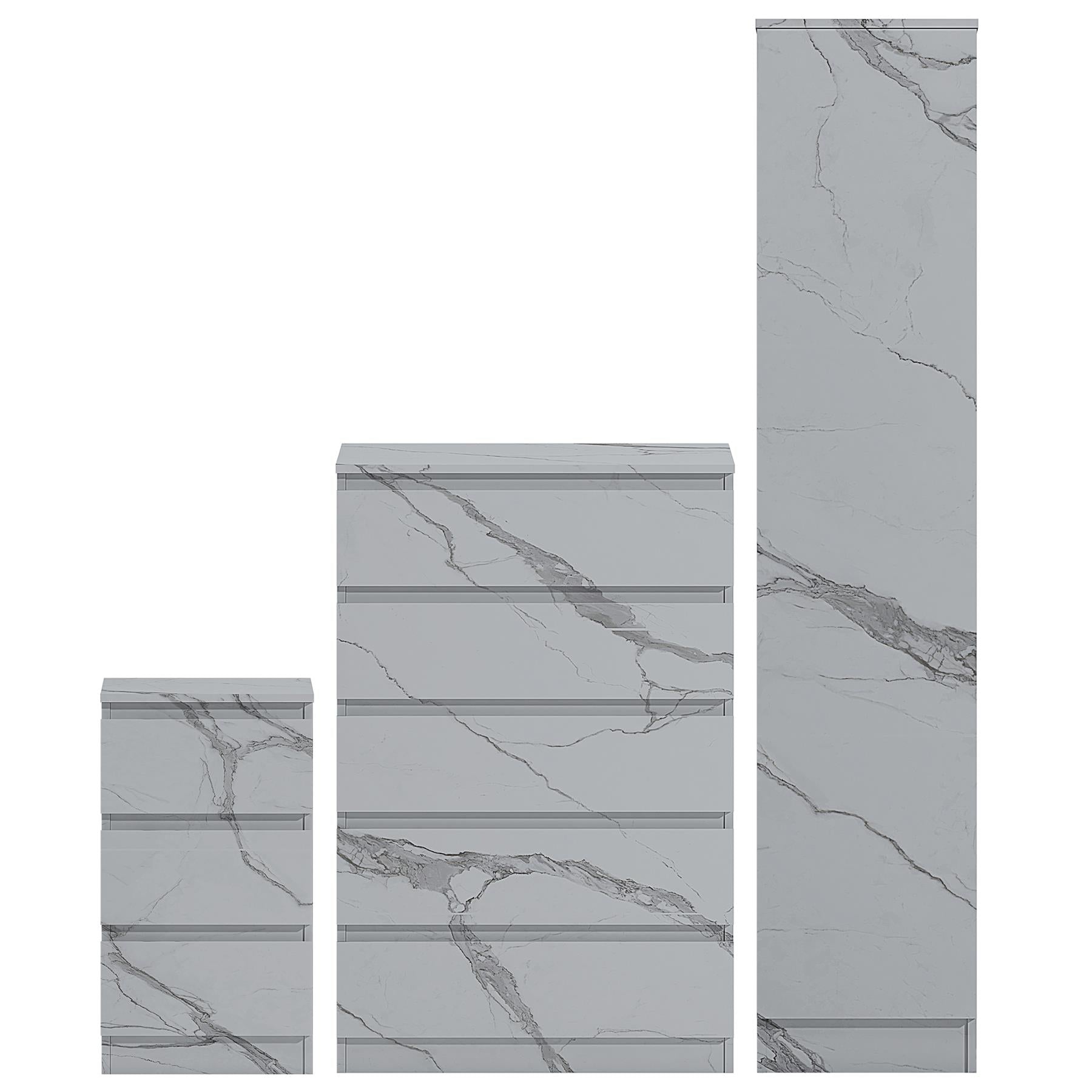 ZITA White Marble Effect 3 Piece Bedroom Set - 1-Door Wardrobe, Chest & Bedside Table, Stylish Modern Storage Furniture