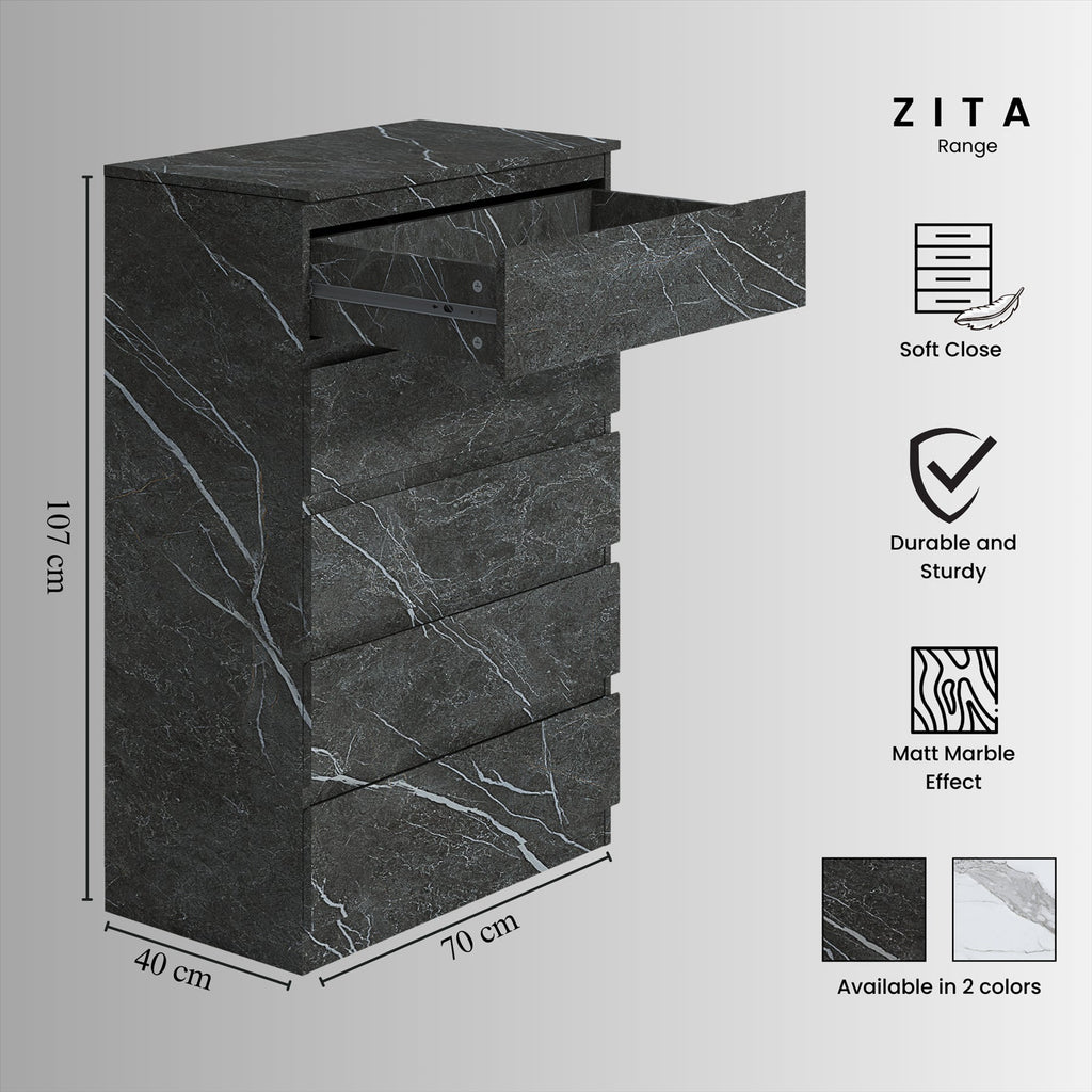 ZITA Grey Marble Effect 3 Piece Bedroom Set - 1-Door Wardrobe, Chest & Bedside Table, Stylish Modern Storage Furniture