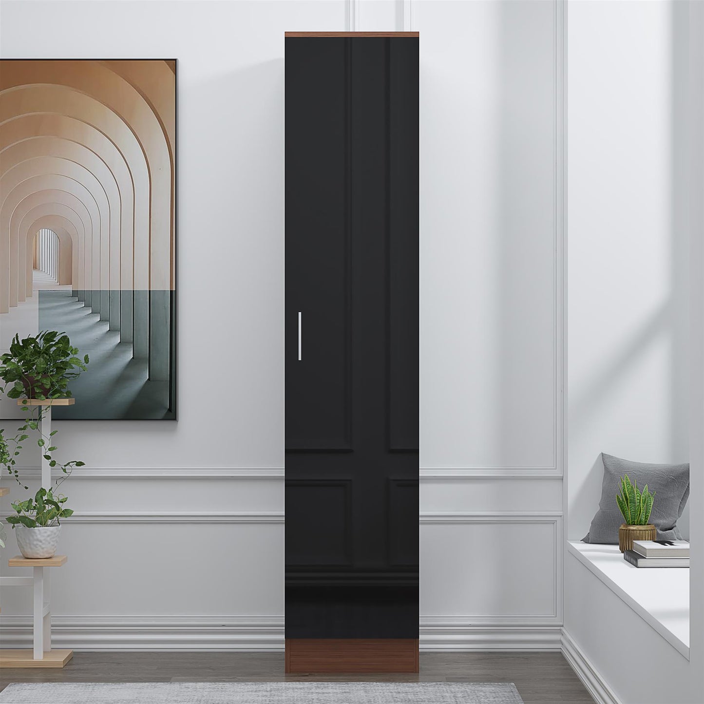 Reflect 1 Door High Gloss Wardrobe - Black Gloss & Walnut, Durable Melamine Finish - Modern Bedroom Storage - Single Door Wardrobe