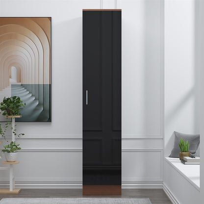 Reflect 1 Door High Gloss Wardrobe - Black Gloss & Walnut, Durable Melamine Finish - Modern Bedroom Storage - Single Door Wardrobe
