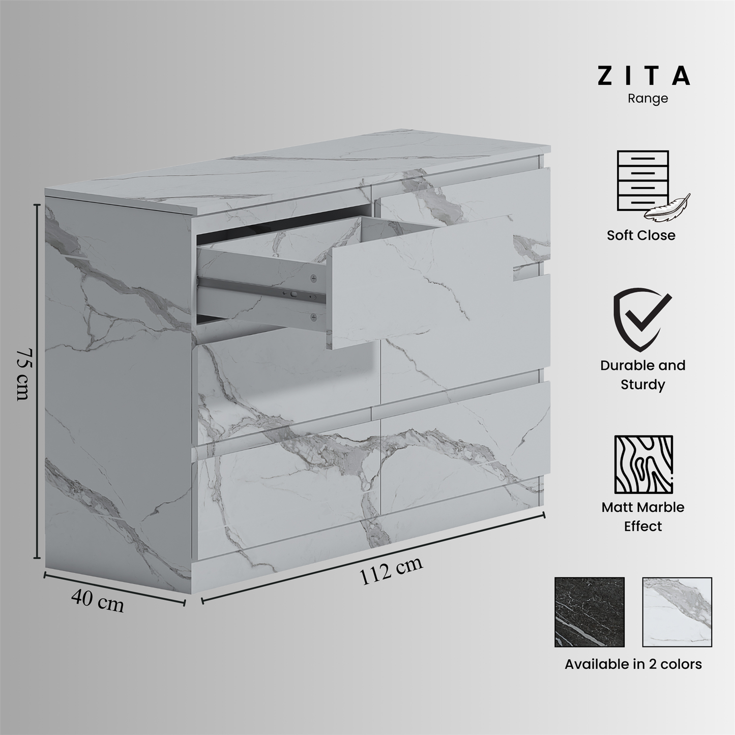 ZITA White Marble Effect 4 Piece Bedroom Set - Wardrobe, 6 Drawer Chest & 2 Bedside Tables, Stylish Bedroom Furniture