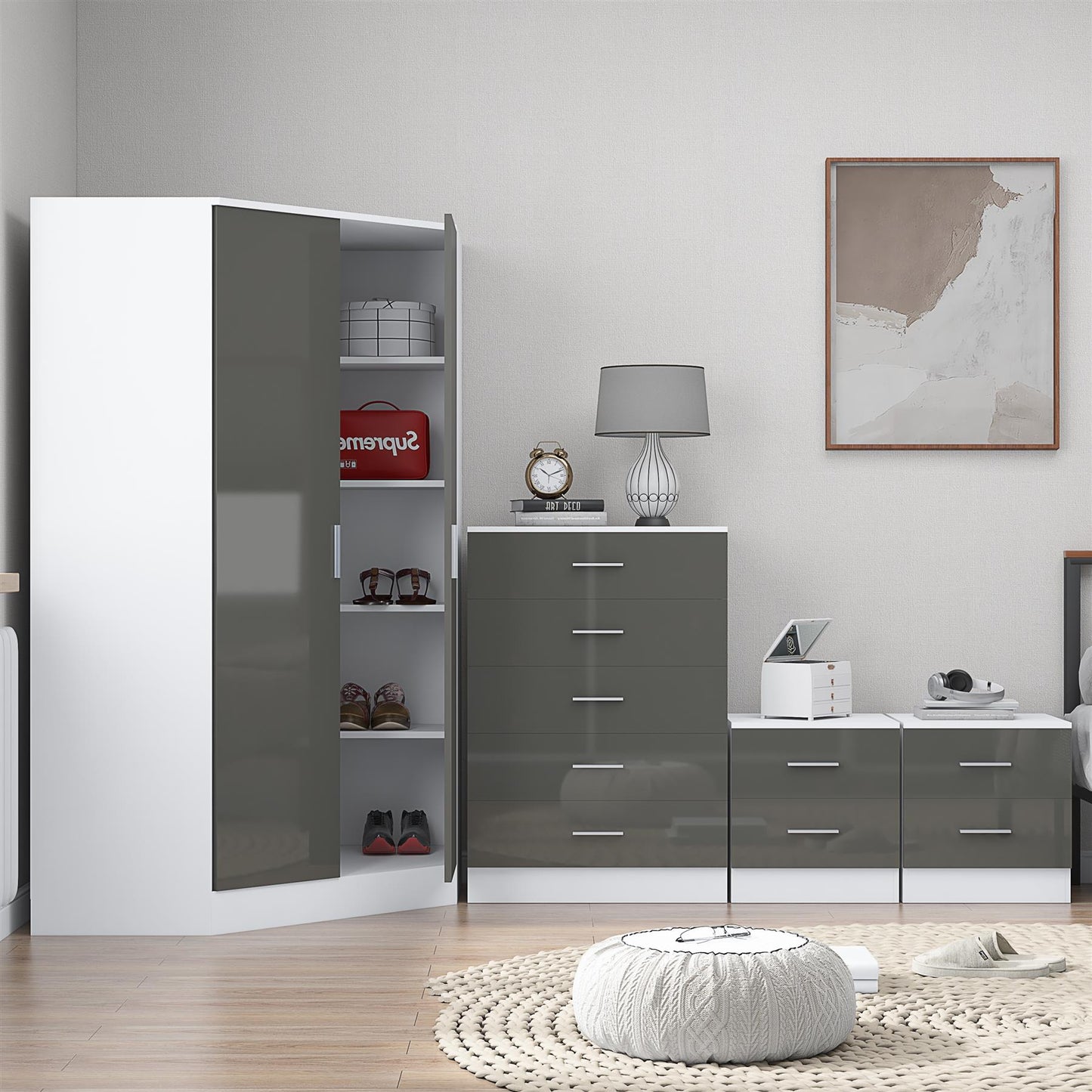 REFLECT Gloss 4pc Set - 2 Door Corner Wardrobe + 5 Draw Chest + 2 Bedsides