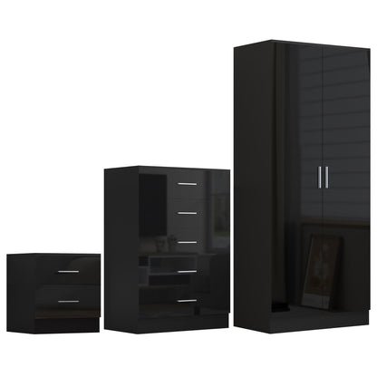 Reflect 2 Door Plain Wardrobe, 5 Drawer Chest, 2 Drawer Bedside - Black Gloss & Black Oak - Modern Bedroom Furniture Set