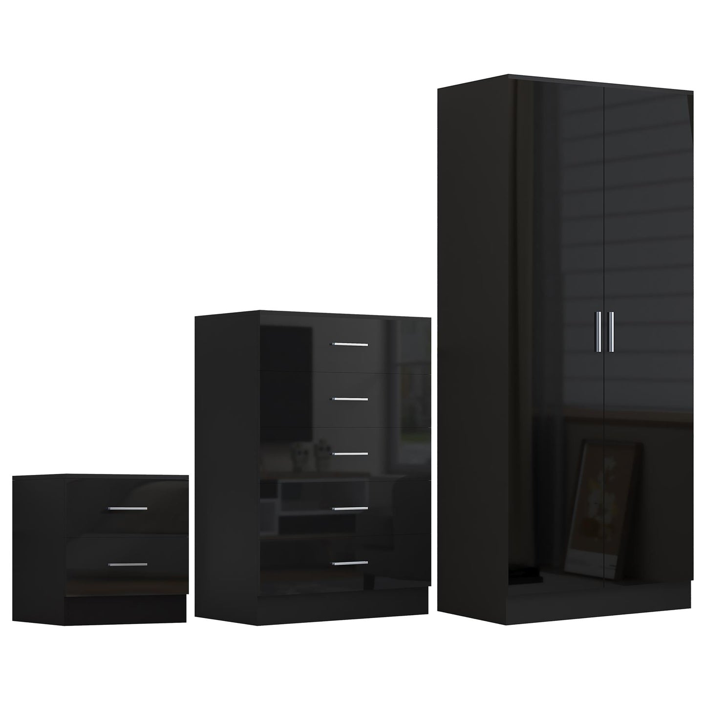 REFLECT Gloss 3pc Bedroom Set - 2 Door Wardrobe + 5 Draw Chest + Bedside
