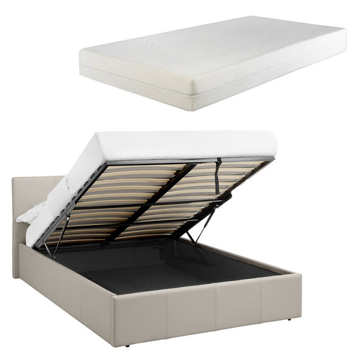 LUNA 5FT King Cream Beige Ottoman Storage Bed with Gas Lift & 15cm Thick Memory Foam Mattress - L: 213cm x W: 168cm x H: 88.5cm