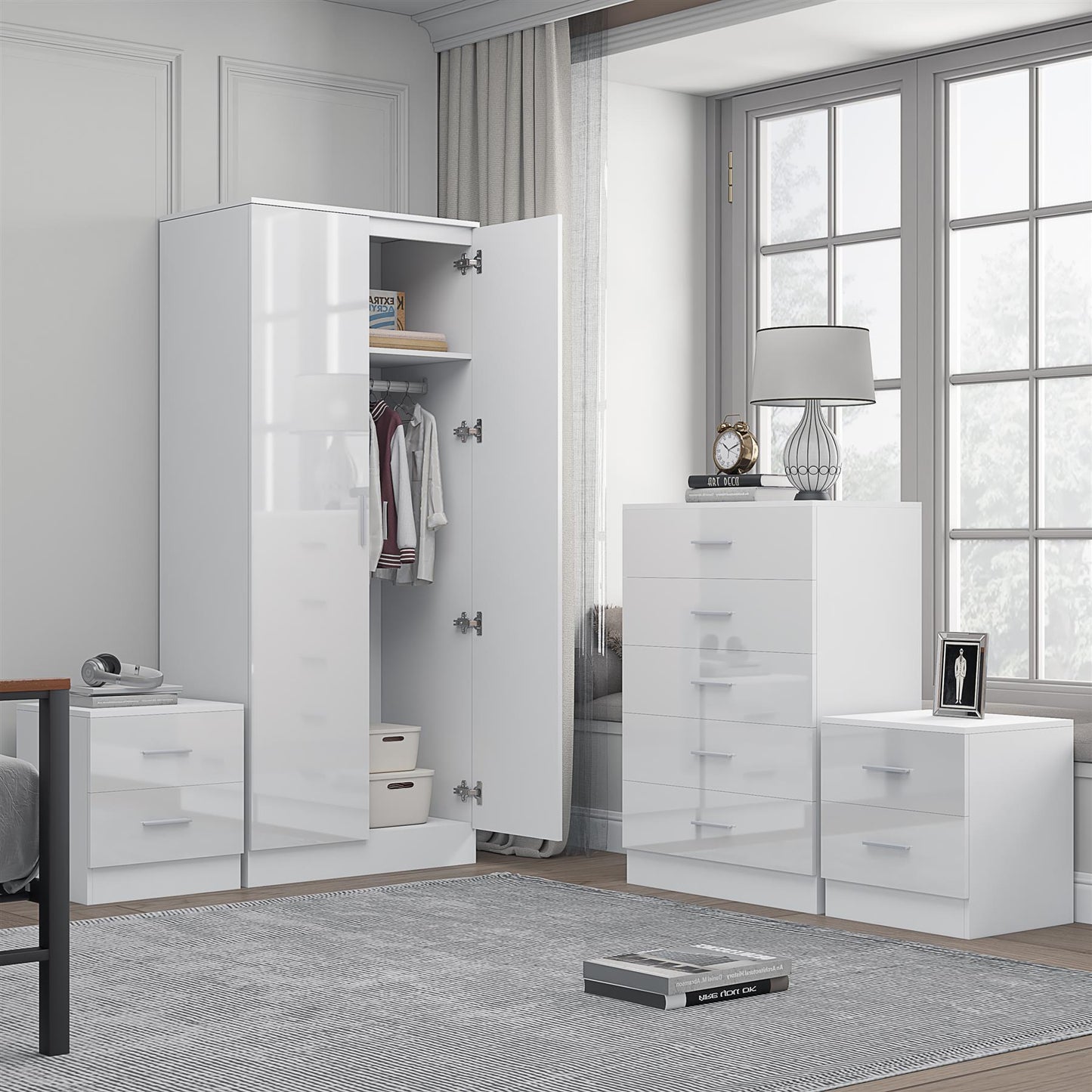 Reflect 2 Door Plain Wardrobe, 5 Drawer Chest, 2x 2 Drawer Bedsides - White Gloss & Matt White - Modern Bedroom Furniture Set