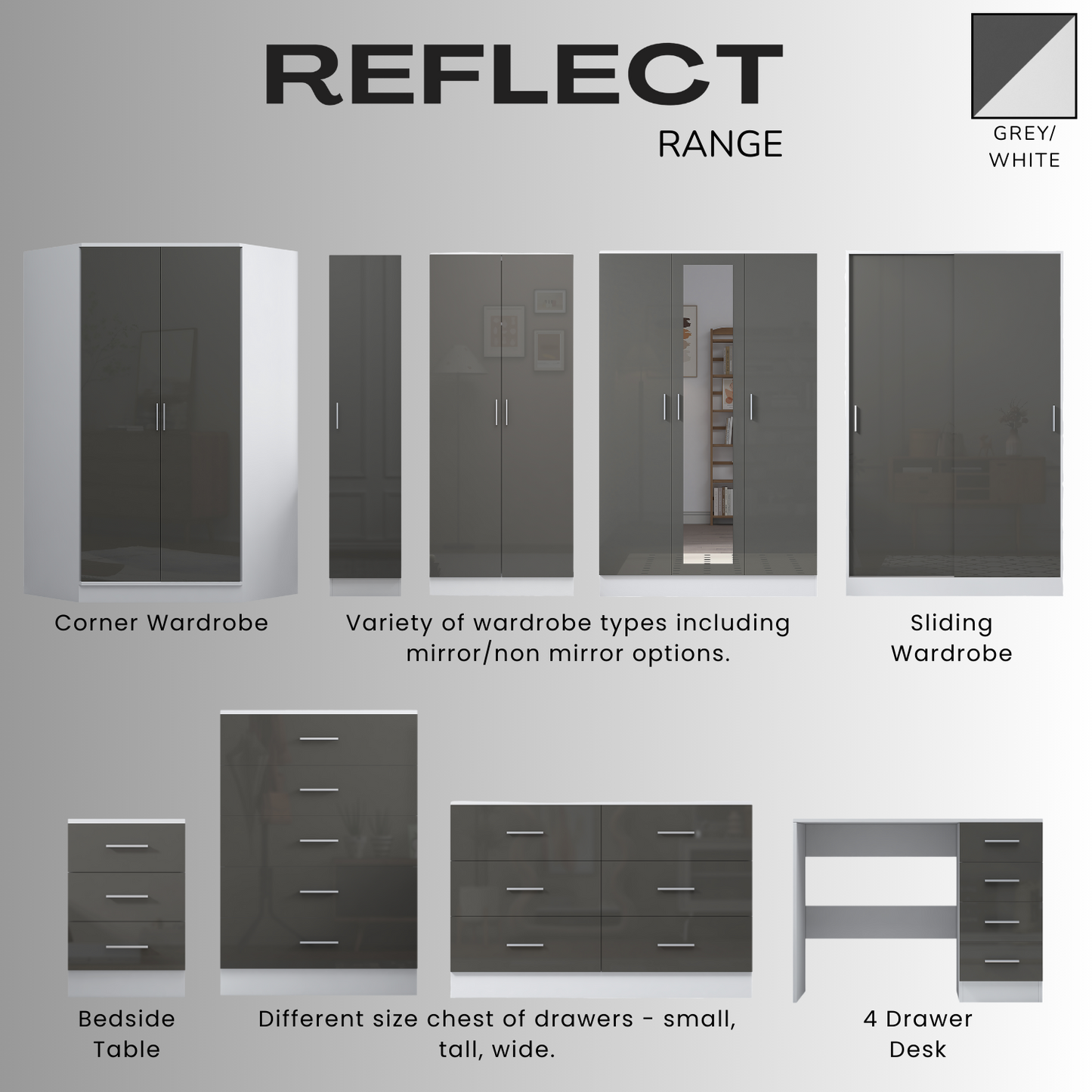 REFLECT High Gloss Bedroom Furniture Wardrobe Chest Bedside Desk in Grey/White