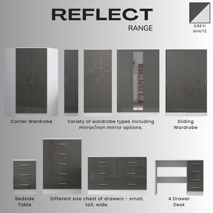 REFLECT High Gloss Bedroom Furniture Wardrobe Chest Bedside Desk in Grey/White