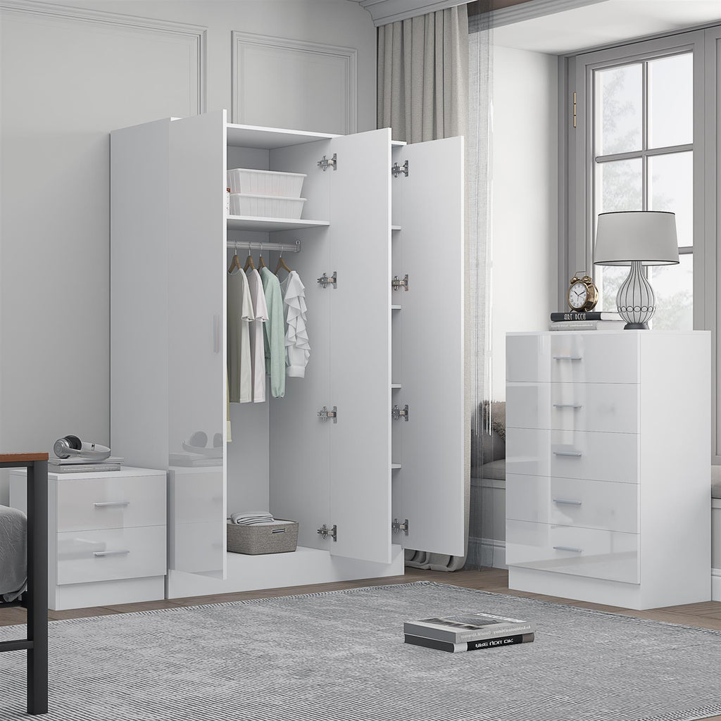 Reflect 3 Door Plain Wardrobe, 5 Drawer Chest, 2 Drawer Bedside - White Gloss & Matt White - Modern Bedroom Furniture Set