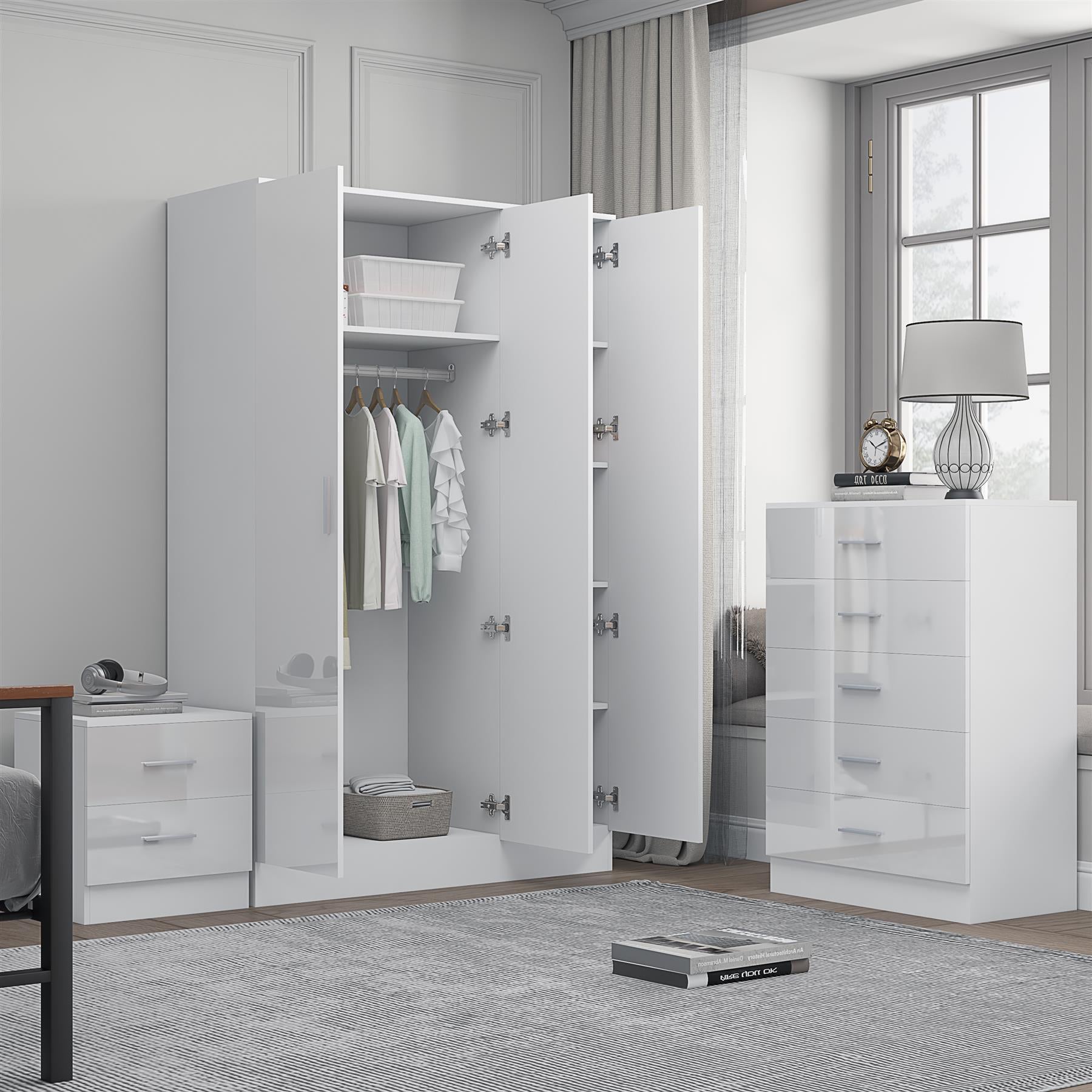 Reflect 3 Door Plain Wardrobe, 5 Drawer Chest, 2 Drawer Bedside - White Gloss & Matt White - Modern Bedroom Furniture Set