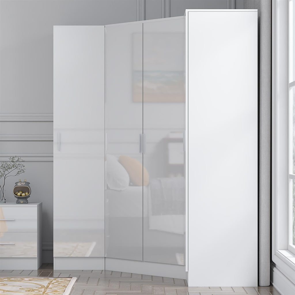 Reflect 3pc Wardrobe Bundle - 2 Door Corner + 2x 1 Door Plain - White Gloss & Matt White