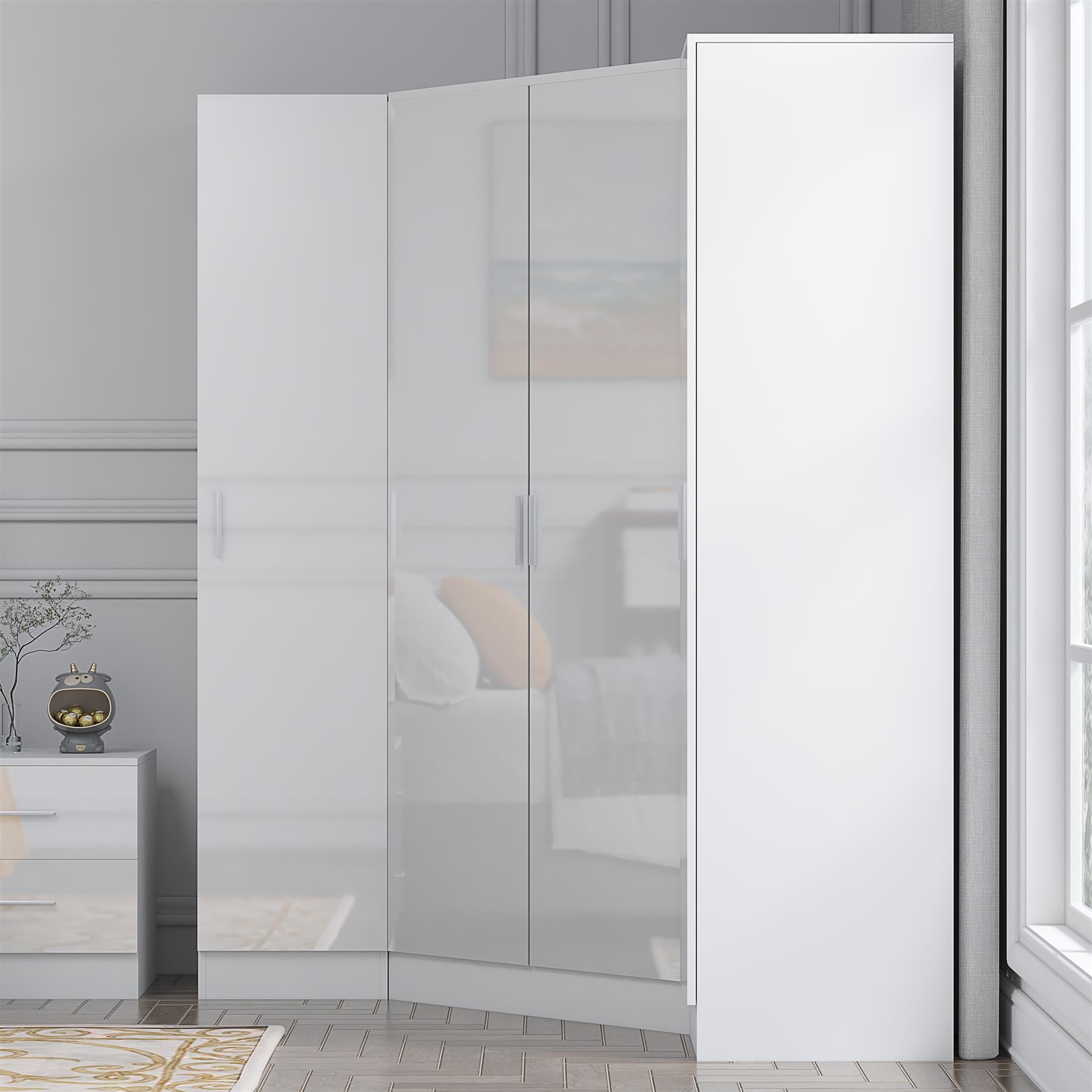 Reflect 3pc Wardrobe Bundle - 2 Door Corner + 2x 1 Door Plain - White Gloss & Matt White