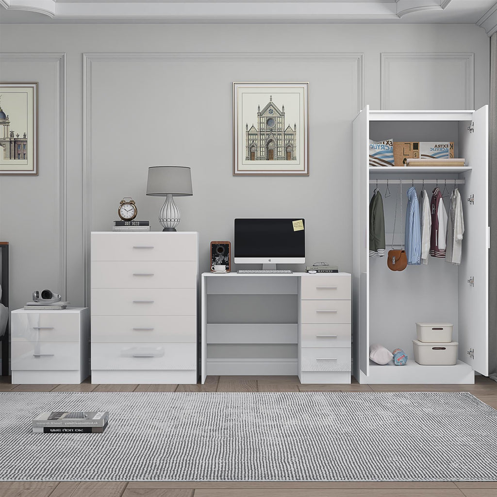 REFLECT Gloss 4pc Set - 2 Door Mirrored Wardrobe + 5 Draw Chest + Bedside + Desk