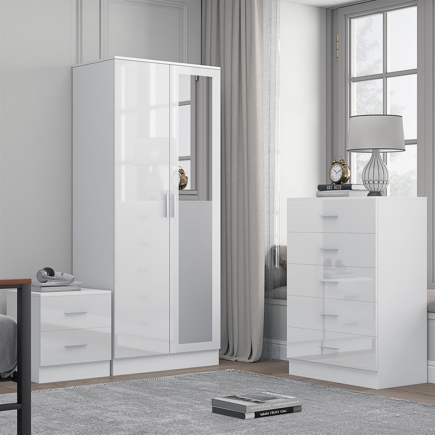 REFLECT Gloss 3pc Set - 2 Door Mirrored Wardrobe + 5 Draw Chest + Bedside