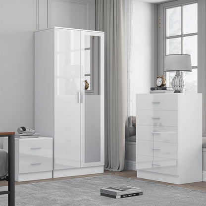 REFLECT Gloss 3pc Set - 2 Door Mirrored Wardrobe + 5 Draw Chest + Bedside