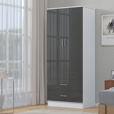 Reflect 2 Door 2 Drawer Combi Plain Wardrobe - Grey Gloss & Matt White - Hanging Rails, Drawers & Shelf