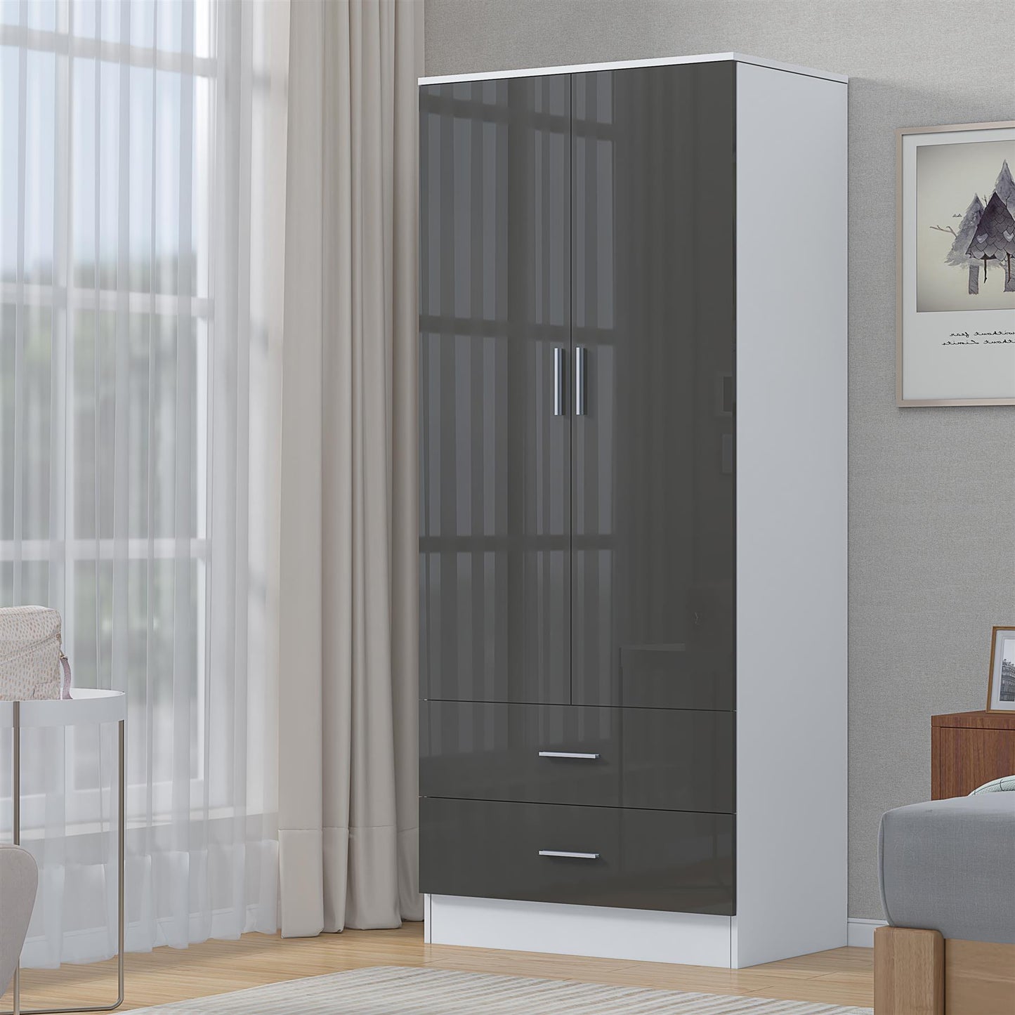 REFLECT High Gloss Bedroom Furniture Wardrobe Chest Bedside Desk in Grey/White