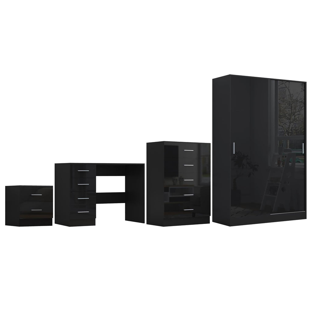 REFLECT Gloss 4pc Set - 2 Door Sliding Wardrobe + 5 Draw Chest + Bedside + Desk