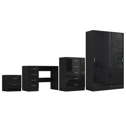 Reflect 2 Door Sliding Wardrobe, 5 Drawer Chest, 2 Drawer Bedside & Desk - Black Gloss & Black Oak - Modern Bedroom Furniture Set