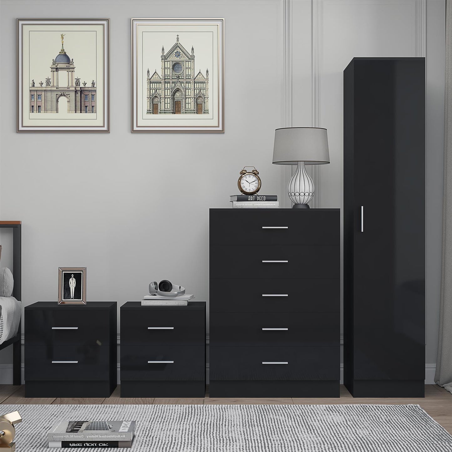 REFLECT Gloss 4pc Bedroom Set - 1 Door Wardrobe + 5 Draw Chest + 2 Bedsides