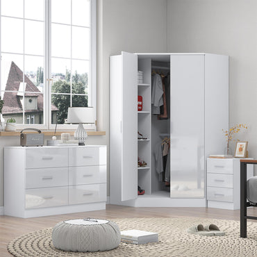 Reflect 2 Door Corner Wardrobe, 6 Drawer Chest, 3 Drawer Bedside - White Gloss & Matt White - Bedroom Furniture Set
