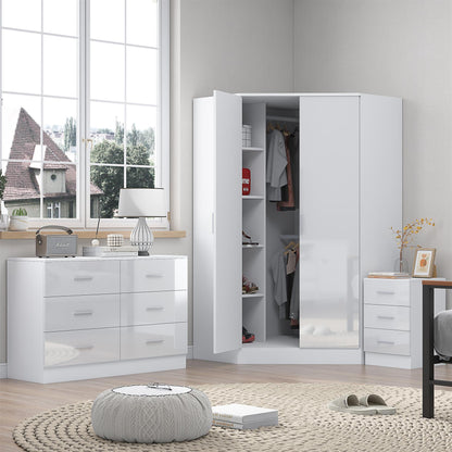 Reflect 2 Door Corner Wardrobe, 6 Drawer Chest, 3 Drawer Bedside - White Gloss & Matt White - Bedroom Furniture Set